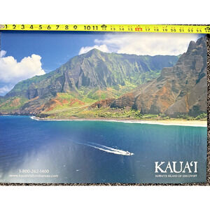 Kaua'i Hawaii Travel Poster Blue Ocean Water Tropical Hawaiian Mountains 24" x18